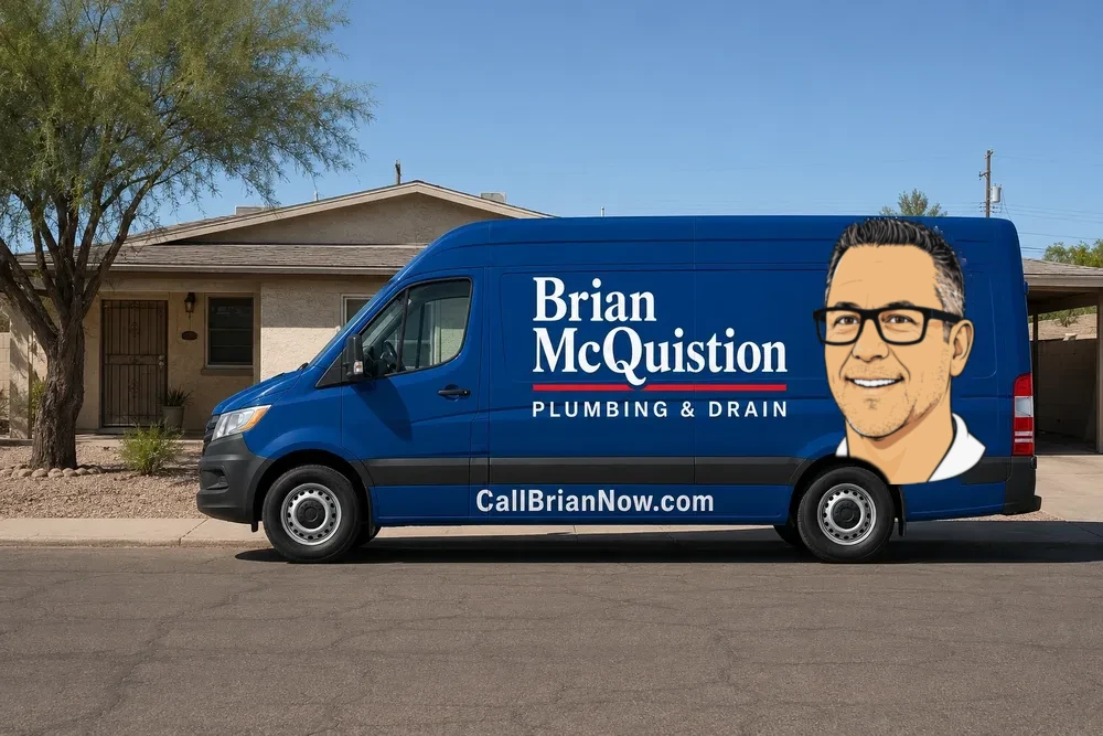 Brian McQuistion with two of his plumbing technicians beside a company service van