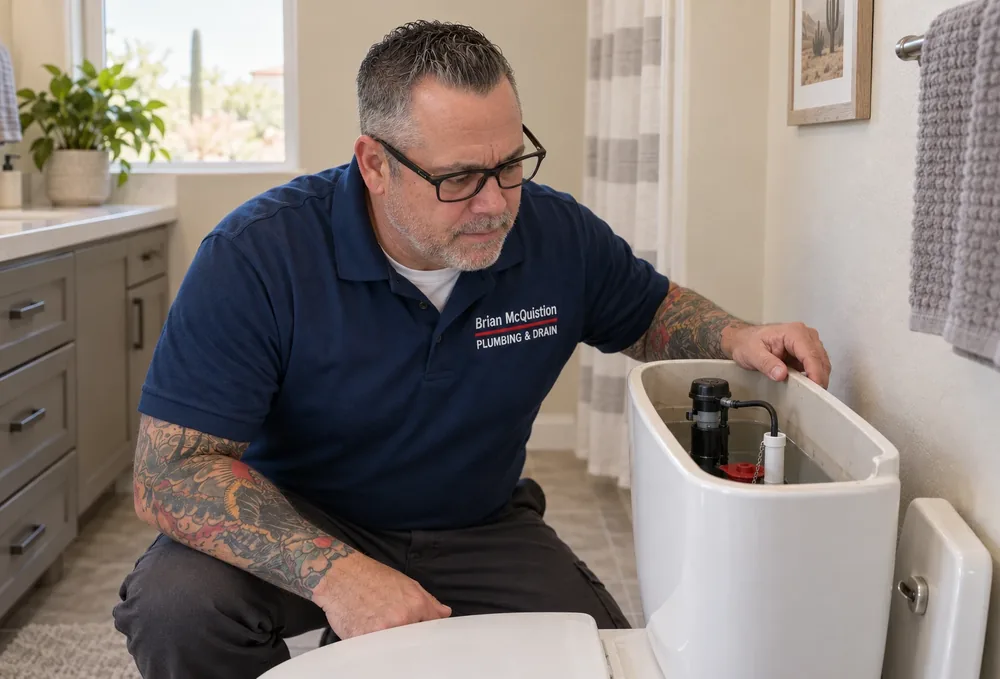 Brian checking a toilet tank flapper and fill valve