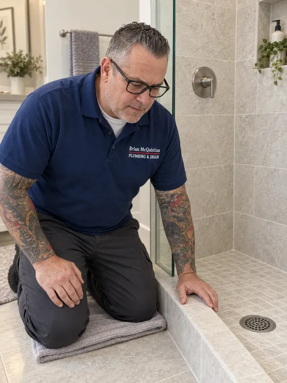 A Brian McQuistion plumber clearing a shower drain with a hand auger