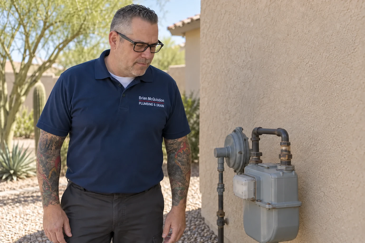 A plumber inspecting a residential natural gas meter and riser