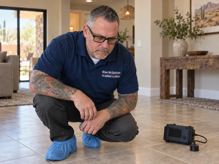 A plumber using electronic leak detection equipment on a floor