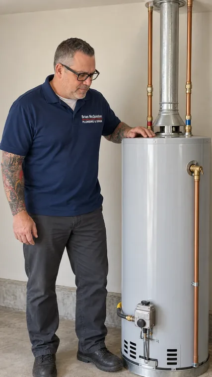 A plumber servicing a residential tank water heater in a garage