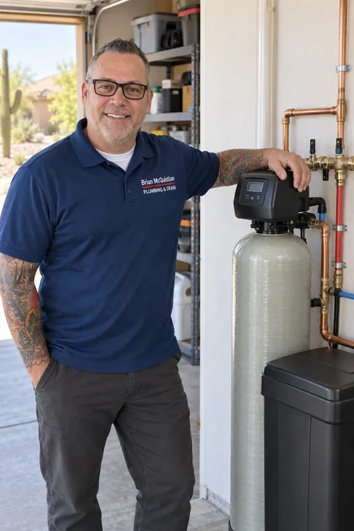 A newly installed water softener system beside a home water line